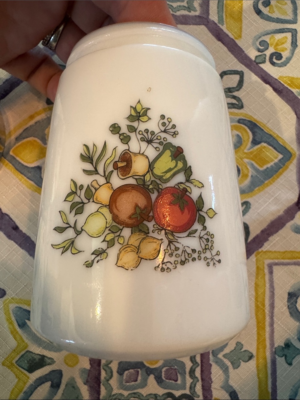 Vintage 1959 White Glass Sugar dispenser with Fruit Decal and Silver Lid - Picture 5 of 5
